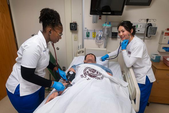 nursing students taking pulse of dummy in health simulation lab