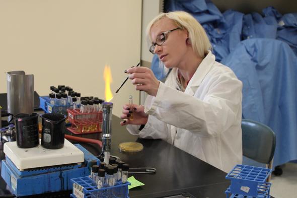 stem student in lab holding pipet and burning sample in bunsen burner